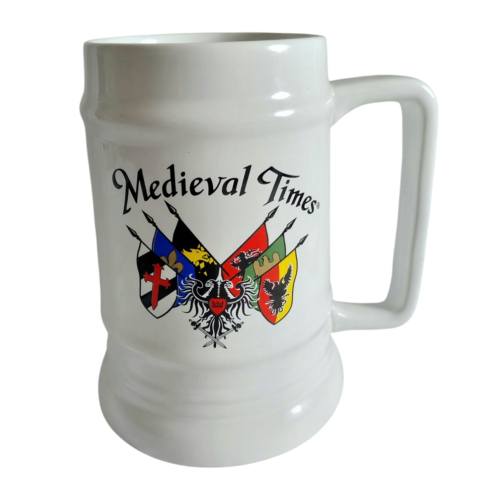 Midieval Times Beer Stein White Ceramic Mug W/Multi Color Flags, Crests 24oz 6"